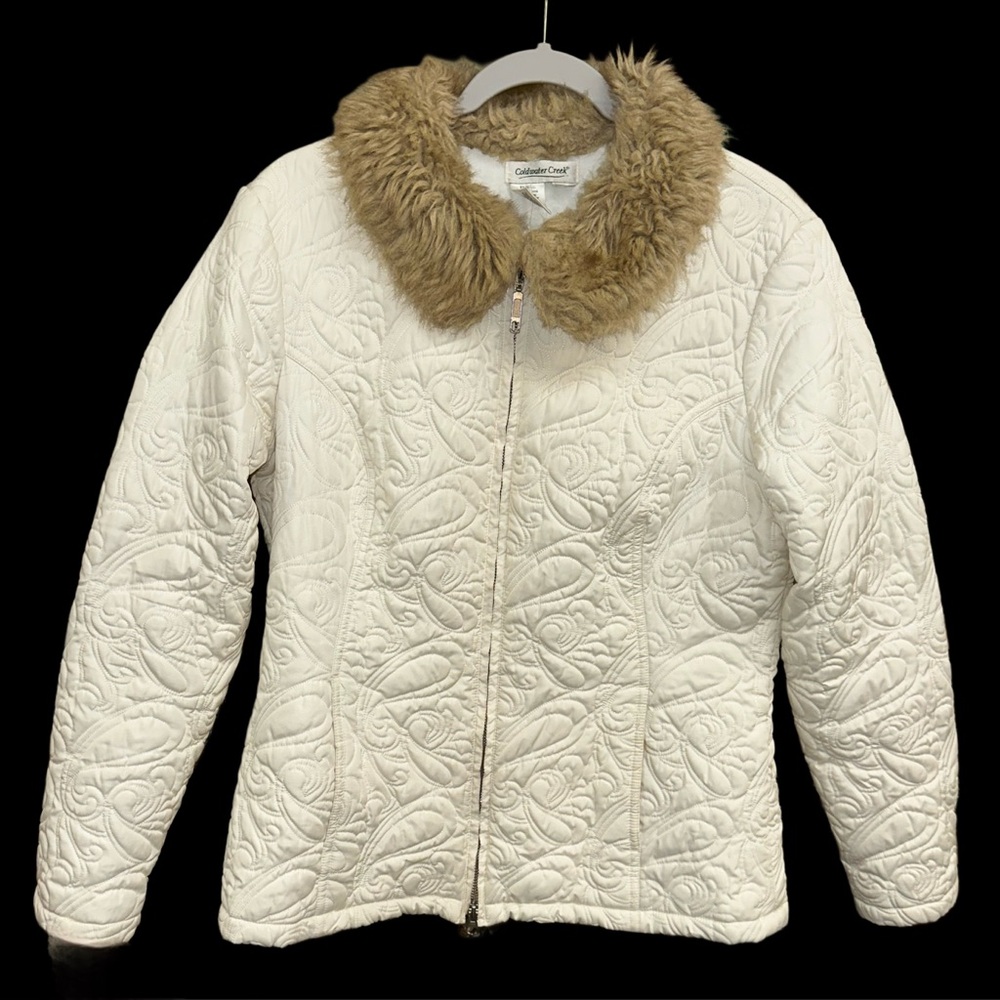 Coldwater Creek Women’s Med Quilted Embroidered Jacket Cream Faux Fur Collar